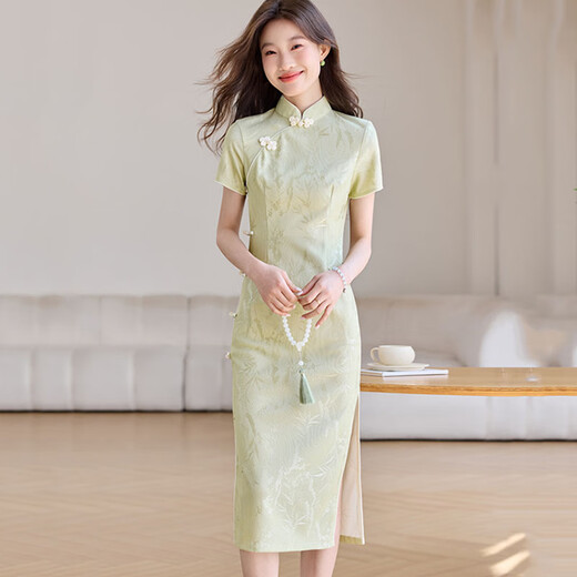 Ehangy light luxury brand dress for women 2025 summer new high-end and gentle style slim green long skirt Green M 80-90Jin [Jin equals 0.5 kg]