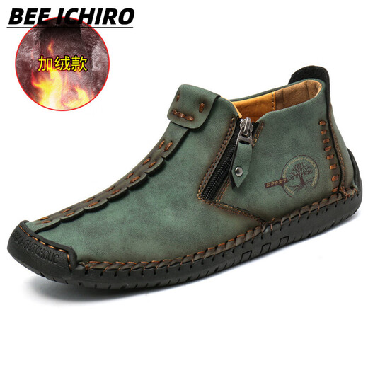 BEE ICHIRO男士马丁靴真皮软底防滑高帮工装靴透气耐磨军靴百搭休闲鞋子男鞋 6625墨绿加绒 42
