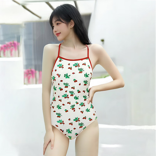 2025年新款连体三角可爱草莓印花露背竞速女泳装游泳温泉度假必备 米色印花【泳衣+泳镜】 XL 【建议100-120斤】