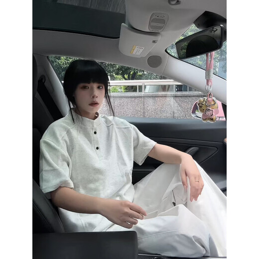 Shelley Jones Gray Henley Collar Right Shoulder Short Sleeve Polo Shirt Men's Summer American Retro High Street T-Shirt Heavy Splicing Half Sleeve Light Gray 2XL Recommended 140-160Jin Jin equals 0.5 kg