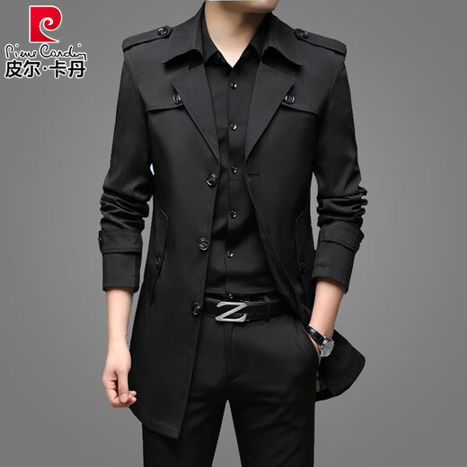 Pierre Cardin (pierre cardin) men's windbreaker 2025 new spring and autumn mid-length coat men's jacket thin top business casual dad wear black winter plus hou M 170 85-110Jin Jin is equal to 0.5 kg