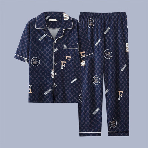 猫人 MiiOW男士纯棉睡衣男夏季休闲春秋薄款家居服套装短袖青年夏天加大码 G3884蓝色(短袖) 2XL 建议140-160斤