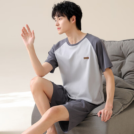 
SEPTWOLVES short sleeves cotton pajamas men's Korean style loose simple casual young and middle-aged home clothes can be worn outside summer OMM-13601 L men