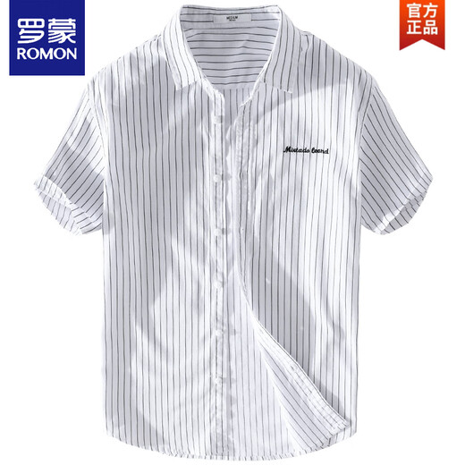 
ROMON Summer Men's Short Sleeve Shirt Japanese Striped Shirt Pure Cotton Summer Casual Embroidered Shirt Top 9721 White M 100Jin [Jin equals 0.5 kg] About