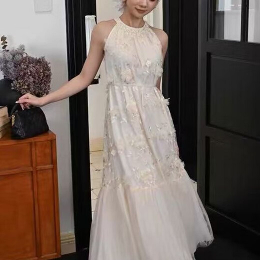 Tina Misu 2025 summer A-line version princess sleeveless suspender skirt vacation style spliced ​​long dress 9901# beige white, single size