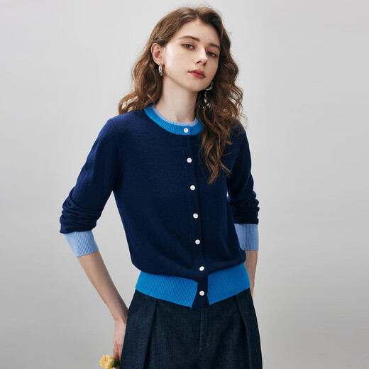 Komenboca 2025 autumn and winter new double-layer round neck cardigan women's contrast color cardigan coat long-sleeved knitted sweater top Navy L