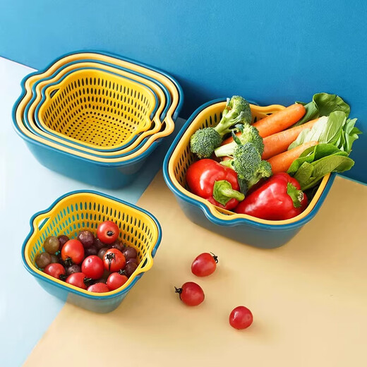 Xincong vegetable sink kitchen drain basket washing vegetable basin vegetable basket multi-functional fruit plate vegetable basket thickened water filter basket 6-piece set extra large + large + medium yellow and blue combination - event exclusive