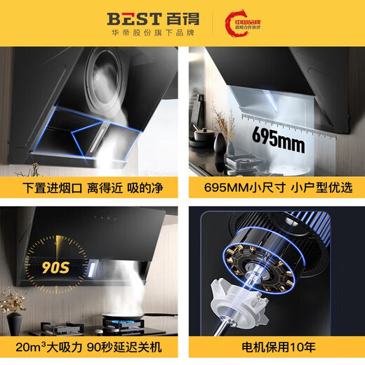 百得（BEST）侧吸式抽油烟机家用小尺寸695mm20立方大吸力烟机触控式一级能效脱排油烟机 单烟机 CXW-260-E151C E151C小户型侧吸烟机