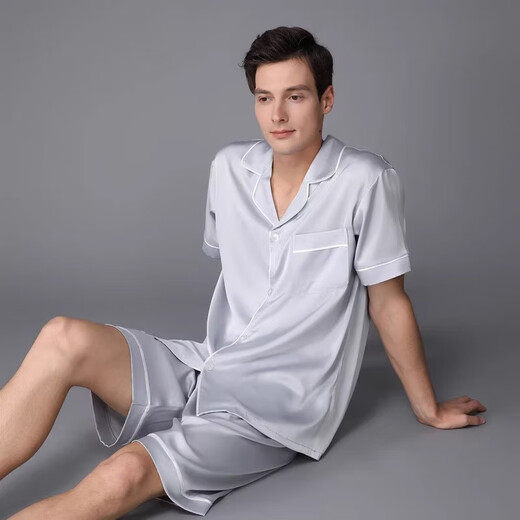 PAGKAVIO国际一线品牌真丝睡衣男100%桑蚕丝真丝奢华丝绸大码轻奢家居服 3899浅灰色（礼盒包装） XL 【推荐体重:141-160斤】