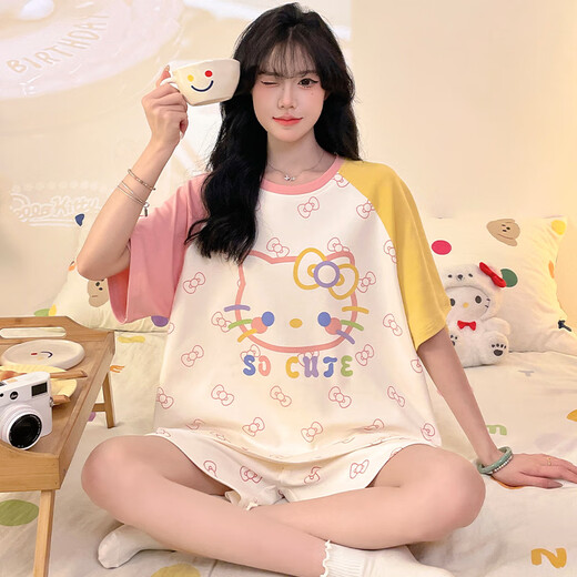 少年情话女士睡衣纯棉夏季卡通短袖短裤大码学生少女夏天可外穿家居服套装 Z9928 XL 女100-120斤