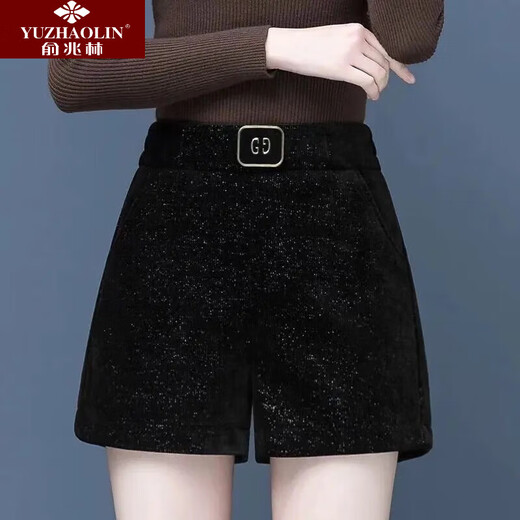 Yu Zhaolin (YUZHAOLIN) chenille high-waisted shorts for women, autumn and winter, a-line, thickened outer wear, fashionable, loose, slimming, wide-leg casual j-boot pants, black, plus velvet, L 105-115Jin Jin equals 0.5 kg