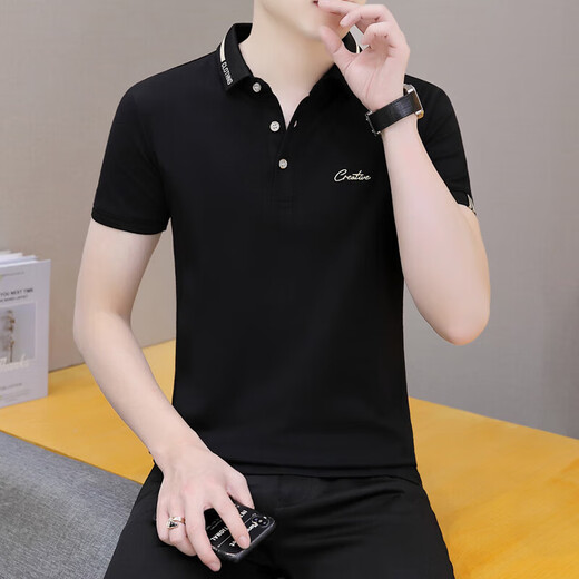 Hailan lapel polo shirt men's casual breathable short-sleeved T-shirt mature men's business tie button Paul T-shirt dark blue QY683 4XL 185-210Jin[Jin equals 0.5 kg]