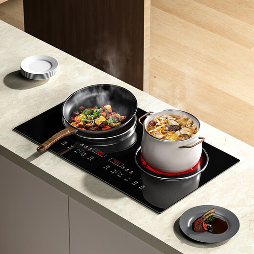 Enthusiastic Good Wife White Flat Concave 4400W High Power Fierce Household Double-Head Induction Cooker Electric Ceramic Integrated Stove Intelligent Body Sensing Human-Computer Interaction Inlaid Embedded Stir-Frying Air Control Black Package - Left Concave Electromagnetic 3500W Right Flat Electric Ceramic 3500W Upgraded Body Sensing Model