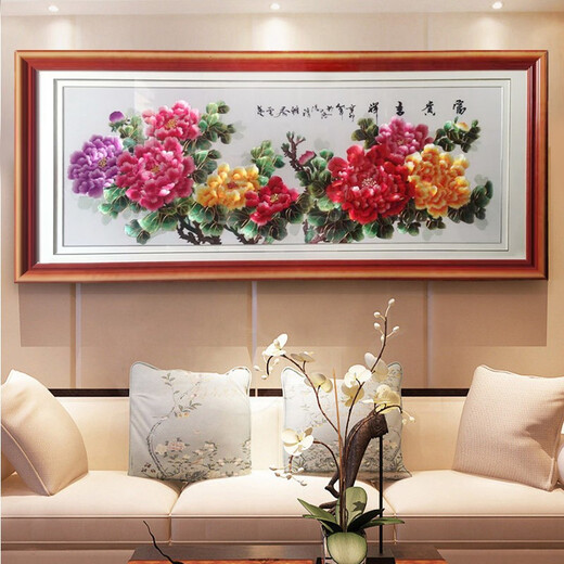 Qijiangwu Huakaifugui living room painting Chinese painting large flower and bird peony painting Su embroidery Hunan decorative painting office bedroom banner ink Suzhou embroidery finished hanging painting study calligraphy and painting Huakaifugui 1 small size width 160*height 70cm