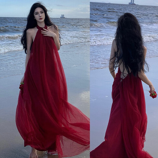 Vzvy Sommer Sanya Bali Beach Resort Beach Kleid Thailand Retro Big Posing Burgundy Super Fairy Sling Kleid Burgund 9761# s
