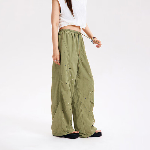 
NO ONE ELSE drawstring wide-leg casual pants for women 2025 summer new paint dot letter printed long trousers military green one size
