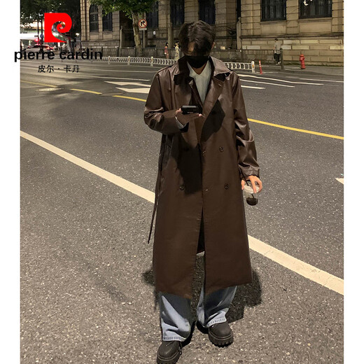 Pierre Cardin black handsome pu leather windbreaker men's 2025 new Shelby coat mid-length high-end British style coat brown S