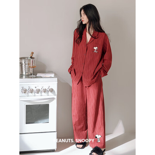 Bei Yan's zodiac year couple pajamas for women spring and autumn soft cotton red wedding home clothes men's cute Snoopy long-sleeved suit C20513 women's S