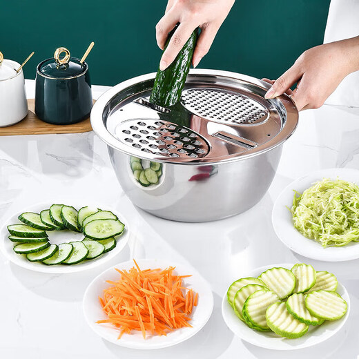 Vegetable cutting tool, multifunctional thickened stainless steel kitchen draining and grating basin, potato slices, radish grating, 3-piece set, 24cm solid basin + leaky basin + grating plate, food grade