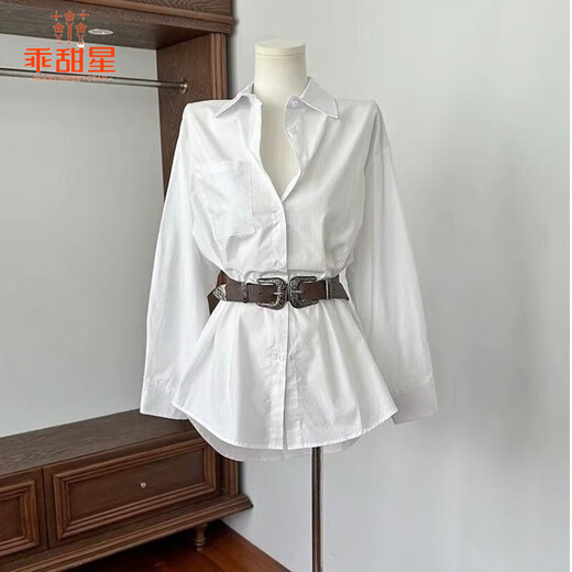 Sweet Star White Irregular Lapel Shirt Dress Belt Hot Girl Design Long Sleeve Shirt Women Single White Shirt S