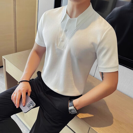 逐梦颜假两件亨利领短袖polo衫男夏季潮牌痞帅高级感修身小立领半袖T恤 黑色 2XL