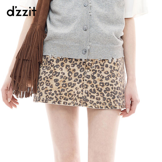 DZZIT plain denim culottes 2025 autumn new retro street leopard print A-line shorts for women 3J3R1086N dark khaki S