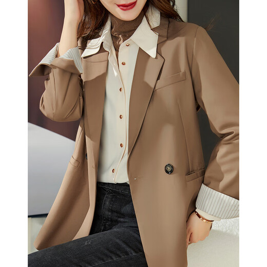 Lost Time Casual Small Blazer Women's 2024 Autumn New Style Small Contrast Color Turn-Sleeve Top Coffee XL