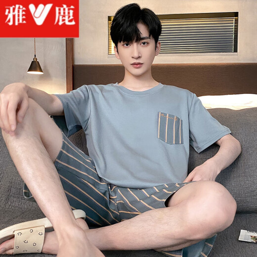 
Yalu men's pajamas men's summer pure cotton short-sleeved thin suit comfortable and breathable new men's summer large-size home clothing HDE9928 2XL (180) Men: