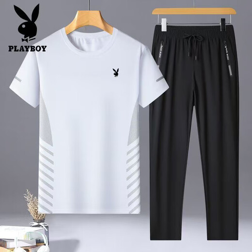 Playboy (Playboy) kurzärmeliger Anzug Herren Sommer Dünner Ice Seidenanzug Herren-Kurzärmel-Hosen Zweiteiler zweiköpfiger Set Casual Atemable Toting-Übung 9901 Black M Empfohlen 80-100jin [Jin entspricht 0,5 kg]