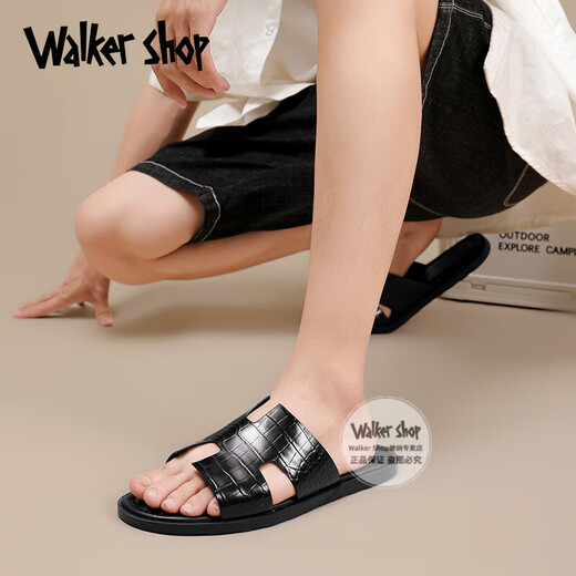 Walker Shop Herren-Sandalen [bevorzugte Top-Layer-Cowide] Neue One-Shot-Flip-Flop-Sommer-Tragen koreanischer Stil personalisierter Strandschuhe schwarz 41
