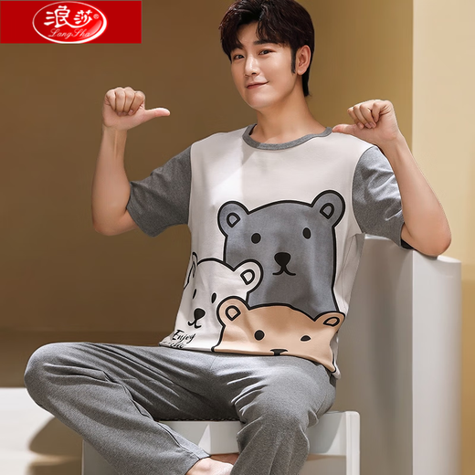 Langsha Summer Herren Kurzärärmelhosen Pajamas Sommer Baumwolle Dünne Lose Version Großgröße Jugend kann wir zu Hause Anzug in Kurzärärmel 3523# Hosen L empfohlen (100-125jin [Jin entspricht 0,5 kg]))