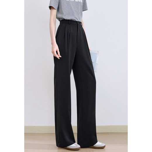 Betu Women's Clothing 2025 Summer Nuevo pantalones informales de pierna ancha colgando pantalones de traje versátiles de cintura alta 2507t43 Black M