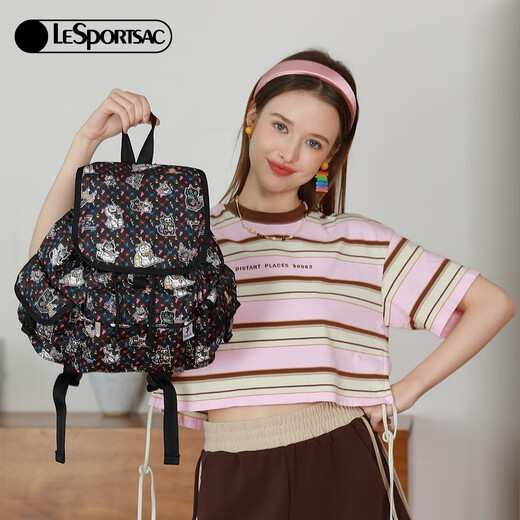 乐播诗（LeSportsac）超轻户外旅行背包 黑色大容量书包女双肩包 怪异猫