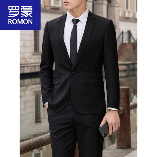 罗蒙（ROMON）西服套装男士西装外套职业正装上班面试黑色伴郎工作服商务小西服 两粒扣黑色西服+西裤+衬衫+领带 2XL 130-145斤