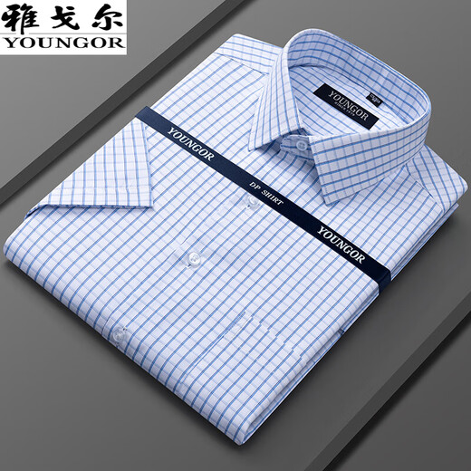 Yager official flagship store 100% pure cotton short-sleeved shirt for men's summer high-end casual professional formal wear without ironing white shirt DX6624 [Purple pinstripe] 40 [Suggested 130-145Jin [Jin equals 0.5 kg]]
