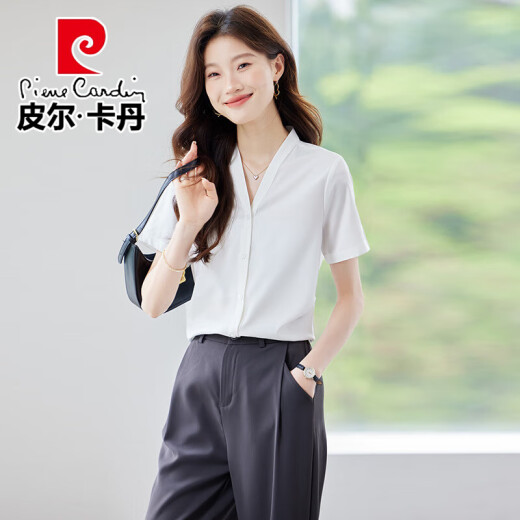 皮尔卡丹（pierre cardin）白色短袖衬衫女2025新款夏天小个子气质职业装工作服上衣雪纺衬衣 9893白色衬衣 XL