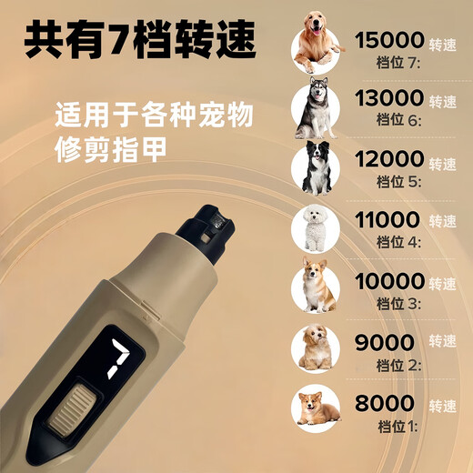 Large pet nail polisher, universal for large, medium and small cats and dogs, LED light rechargeable automatic nail clipper, 7-speed adjustment, off-white, 7-speed 18.5cm*4cm