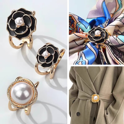 Camellia silk scarf buckle, high-end pearl multi-functional bow ribbon knotting buckle, coat belt buckle, shirt button, camellia white flower 3-piece set, large + medium + small, special knotting device