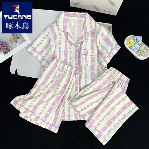 Pyjamas à trois pièces pour femmes en été 2025 NOUVELLE FEMMES minces Cloud d'été Coton Coton Colt à manches courtes à manches courtes peut être porté à l'extérieur de 9922 # Cloud Cotton Treece Set XL [115-130] Jin [Jin est égal à 0,5 kg]