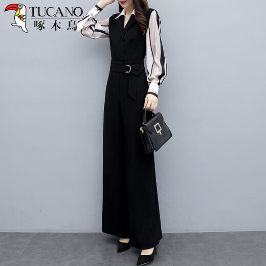 Tucano; Specht Frühlings- und Sommer-Jumpsuit Frauen 2025 Frühling neuer koreanischer Mode-Fashion Casual Black Jumpsuit High Taille Wide Legs Set Black Stripe 345 Dünn S 80-95Jin [Jin gleich 0,5 kg]