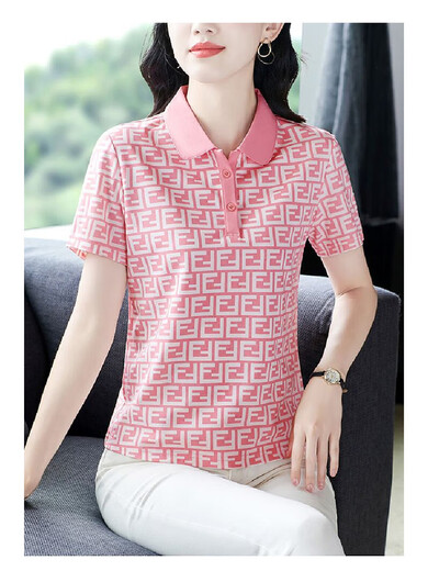 洋气妈妈翻领短袖t恤女士夏季2024新款宽松显瘦POLO衫女印花上衣 829-粉色 829-粉色 M 【建议85-100斤】