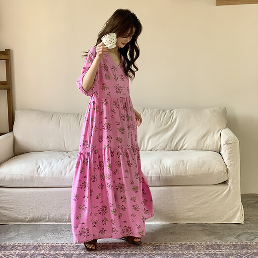 IOSN法式碎花胖mm女夏薄款宽松超长大码女士睡衣可外穿家居服 8668长裙灰绿 均码 F裙长12590-170斤