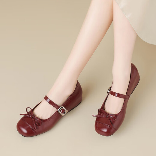 
ZHR single shoes for women with light mouth round toe bow Mary Jane women's shoes with skirt heightened ballet women's shoes AH687 burgundy 37