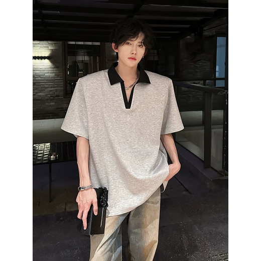 7 high-quality cleanfit shoulder pad short-sleeved T-shirt for men's summer new front-shoulder polo shirt heavy loose half-sleeved top for men WYN-733 gray XL