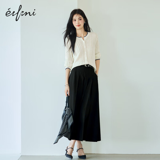 Eifli (eifini) eifli Classic Simple Simple Texture Плиссированная длинная юбка для женщин 2025 Осень Новая универсальная повседневная пригородная юбка Чернила черная версия средней длины. Свободный ремень средней длины с одним S 80-100JIN [JIN равно 0,5 кг]