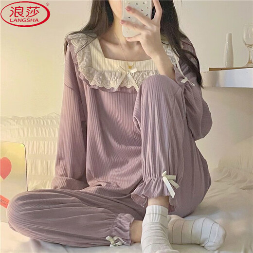Langsha Pyjamas (Langsha) Frauen Frühlings- und Herbst-Spitzen-Spitzen-Lace Casual Princess Style Bow 2025 Neues Ins Girls 'Home Clothing Set 1105 Butterfly Spitzenkragen [Langarmanzug] M 70-95jin [Jin gleich 0,5 kg]