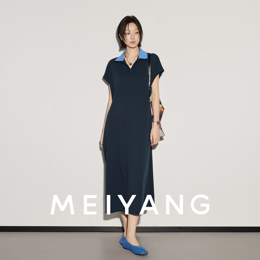 Vestido gordo de Meiyang (Meiyang), textura de perla algodón de algodón contrastante collar de polo flojo suelto vestido de producto nuevo, azul marino (falda larga) s