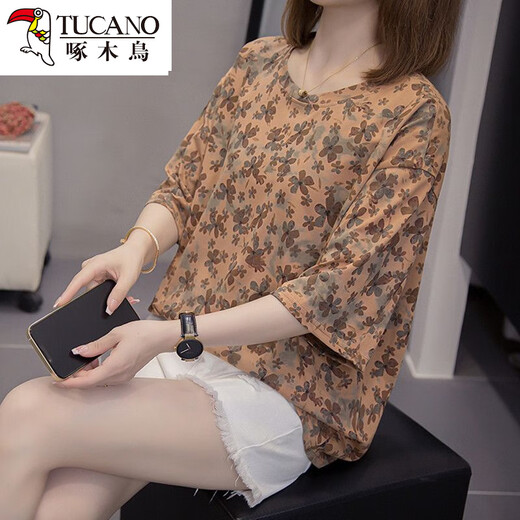 Woodpecker 2025 summer new fat mm pure cotton short-sleeved T-shirt for women 200 Jin [Jin equals 0.5 kg] loose belly slimming and versatile top for women 6626 green XL 120-140 Jin [Jin equals 0.5 kg]