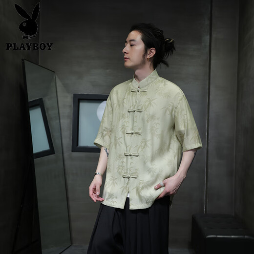 花花公子（PLAYBOY）夏季轻薄款短袖衬衫新中式古风盘扣唐装男装中国风竹叶上衣中山装 CS9898白色 L