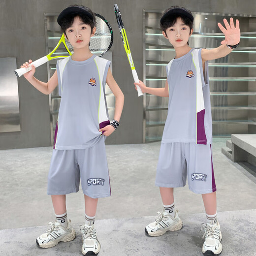 Niños Summer Seda Seda de color secado rápido Uniforme de baloncesto sin mangas 2025 Nuevo chaleco delgado de los niños pantalones cortos de chalecos delgados de los niños Traje gris (Top + pantalones sin mangas) 160 (recomendado dentro de 150)
